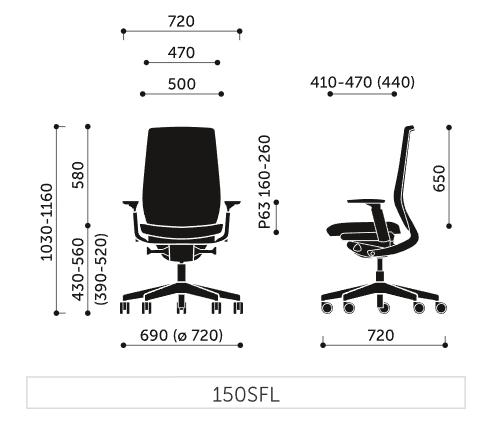 Wymiary krzesła obrotowego Accis Pro 150SFL