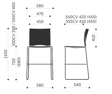 Wymiary krzesła barowego Ariz 550CV / 555CV Profim