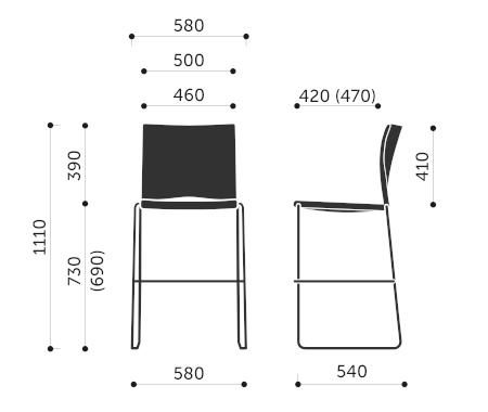 Wymiary krzesła barowego Ariz 570CV / 575CV Profim