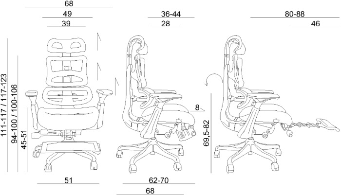 Wymiary krzesła Ergothrone z podnóżkiem Unique